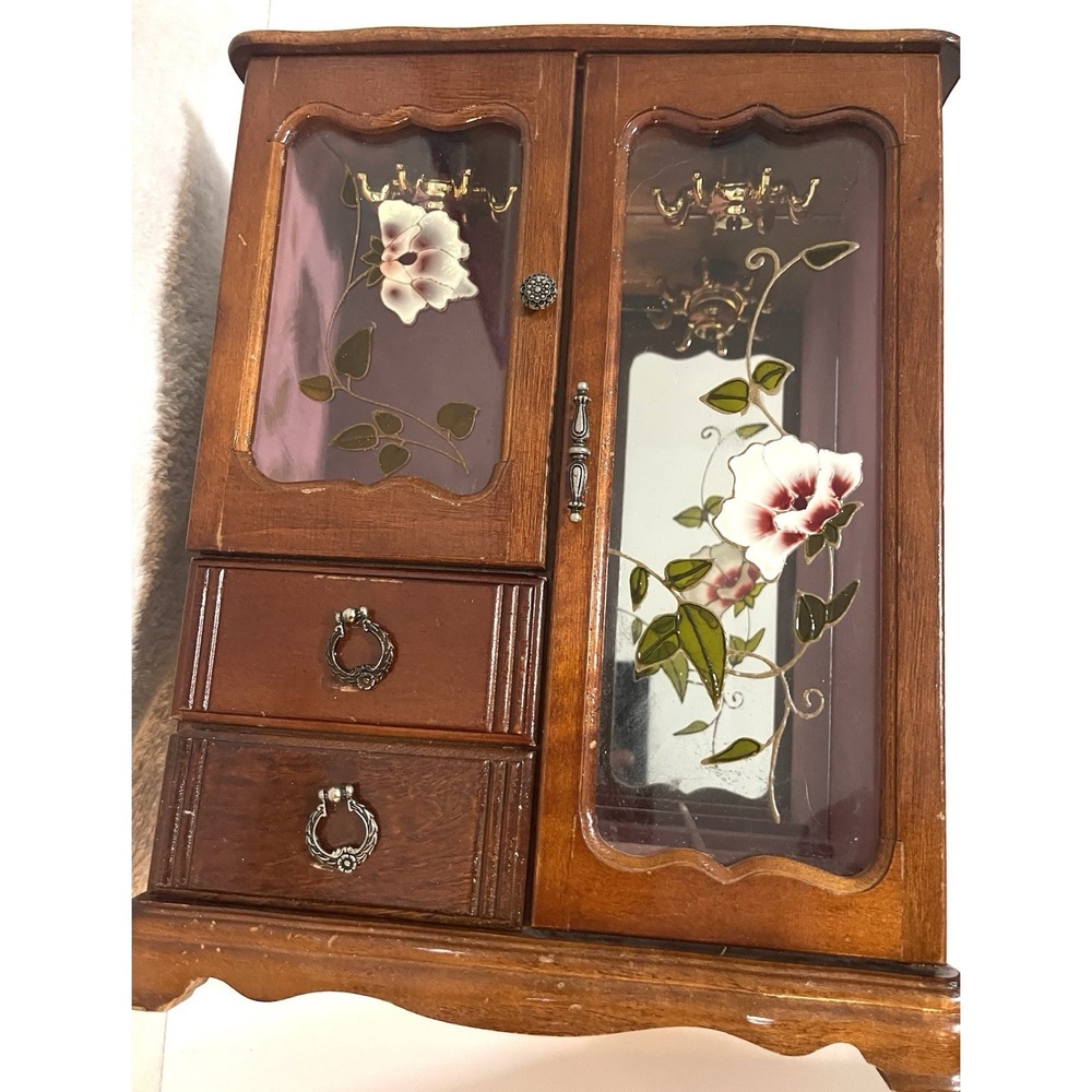 VINTAGE  Desktop jewelry armoire 11½X 15 X 4.5 FLOWERS ROSES STAINED GLASS